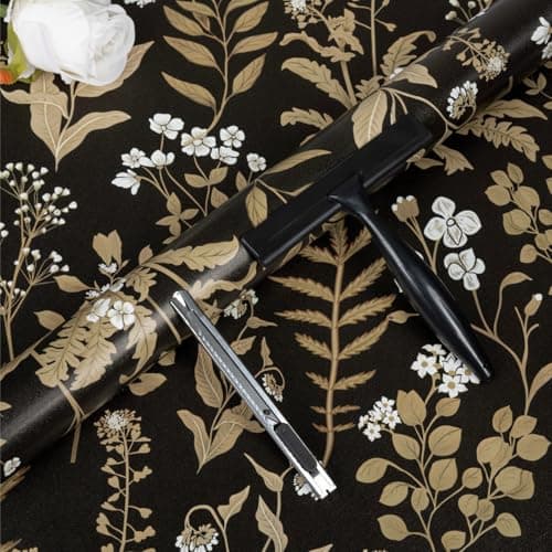 Abyssaly Vintage Peel and Stick Wallpaper Dark Floral Contact Paper Black Gold Leaf Moody Waterproof Self Adhesive Botanical Vinyl Warp for Bathroom Bedroom 17.3" x 393.7" with Scraper, Paper Cutter - Image 1