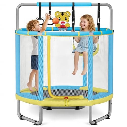 55" Trampoline for Kids with Enclosure, 4-in-1 Toddler Trampoline Indoor Outdoor, 440lbs Capacity Upgrade Trampolines with Adjustable Gymnastics Bar & Toys, for Boys & Girls, Easy to Assemble - Image 1