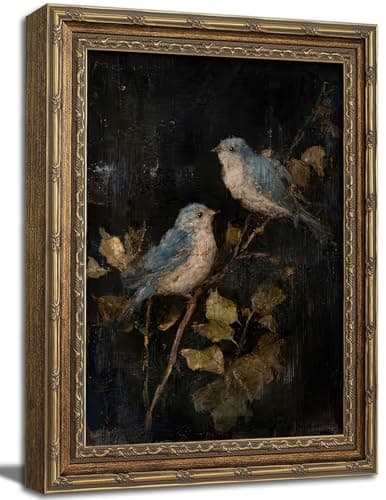 Gold Framed Wall Art, Vintage Blue Bird Canvas Prints - Rustic Nature Bird on Branch Pictures, Antique Farmhouse Animal Decor Gallery Artwork for Living Room, Bedroom 9x11 inch