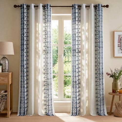 NICETOWN Navy Blue and Cream Boho Curtains 102" Long, Embroidered Linen Textured Floor to Ceiling Drapes with Antique Bronze Grommets, Light Filtering Window Treatment for Living Room, 2 Panels - Image 1