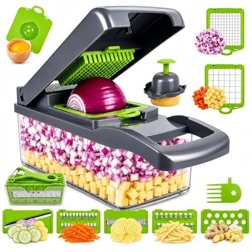 Vegetable Chopper, Onion Dicer & Mandoline Slicer with Container, Adjustable Veggie Cutter with Stainless Steel Blades and Drain Basket, Food Chopper for Salad, Potato, Tomato, Cucumber, Carrot, Grey - Image 1