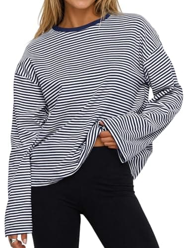 Flowyair Womens Oversized Striped Long Sleeve Shirts Casual Trendy Crew Neck Cotton Tops Drop Shoulder Loose Fit T Shirts Navy - Image 1