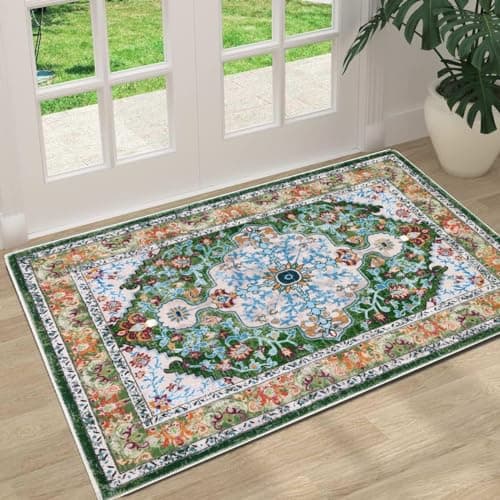 U'Artlines Washable Boho Area Rug, 2x3 Small Soft Non Slip Vintage Doormat for Indoor Front Door Green Mat Carpet for Entryway Kitchen Bathroom Bedroom - Image 1
