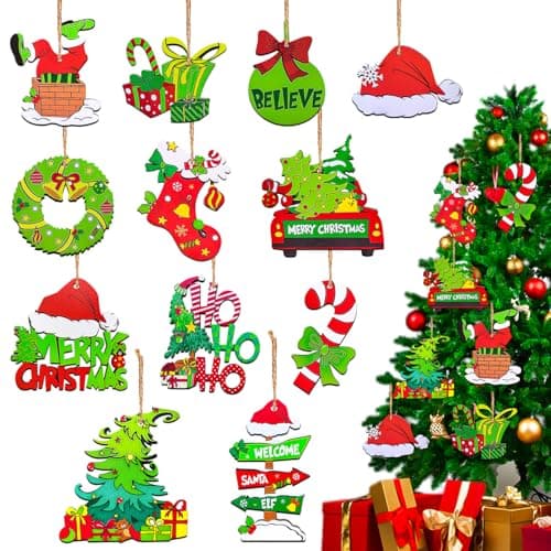 12 Piece Christmas Tree Decorations Set, Wooden Christmas Ornaments Bulk, Small Hanging Holiday Decorations, Indoor Xmas Decor, Classic Cute Green Ornament - Image 1