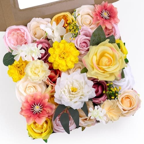 AKAUKIN Pink Yellow Artificial Flowers Combo, Fake Silk Dahlia Roses Bulk with Stems Box Set for Wedding Bridal Bouquets, Baby Shower, Party, Table Centerpieces, Home Decor & DIY Floral Arrangements - Image 1