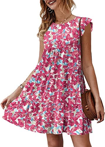 KIRUNDO Vacation Dresses for Women 2026 Summer Sleeveless Boho Floral Mini Ruffle Sleeve Round Neck Loose Short Flowy Pleated Babydoll Beach Sun Dress, Floral3-rose Red, Medium - Image 1