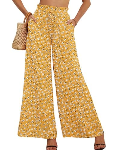 AusLook Women's Wide Leg Dress Pants with Pockets Yellow Celosia XX-Large Lightweight Elastic High Waisted Adjustable Tie Knot Flowy Loose Slacks Lounge Casual Ladies Beach Pleated Trousers - Image 1