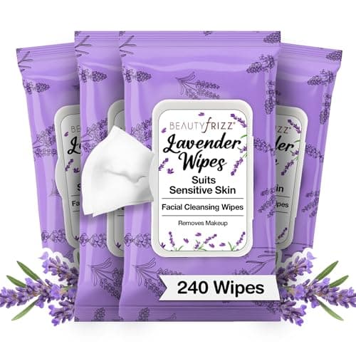 BeautyFrizz Lavender Face Wipes - Gentle No Rinse Makeup Remover and Facial Cleansing Wipes - Contains Aloe, Castor, Vitamin A and E - Suits Sensitive Skin - Moisturizing - Extra Soft (240 pcs)