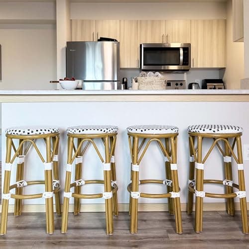 PURPLE LEAF Patio Round Counter Height Stool Set of 2 Outdoor Backless Barstools Aluminum Frame in Bamboo Finish with White & Blue Woven Rattan for Indoor Kitchen Dining Bistros Cafe Restaurant - Image 1