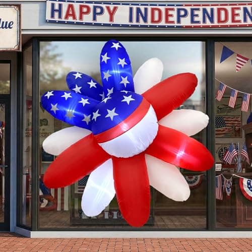 AerWo 5FT 4th of July Inflatables Outdoor, Red White Blue Daisy Flower Decor, Patriotic 4th of July Blow Up Inflatable with Built-in LED Lights for Lawn, Wall & Window Display for Holidays & Parties - Image 1