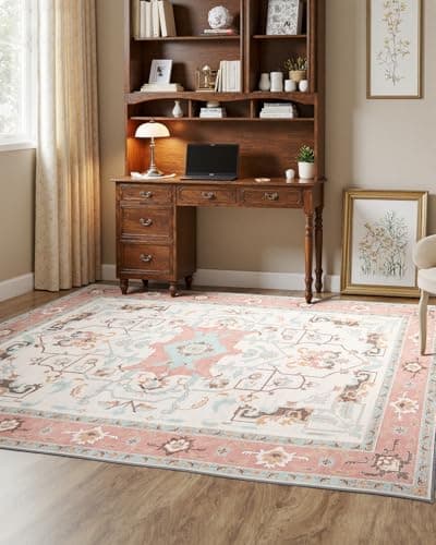 MINIDEAR 5x7 Area Rugs for Living Room, Dining Room Rugs, Washable Rug for Bedroom Non Slip Vintage Rug with Floral Print Carpet Mat for Home, Pink - Image 1