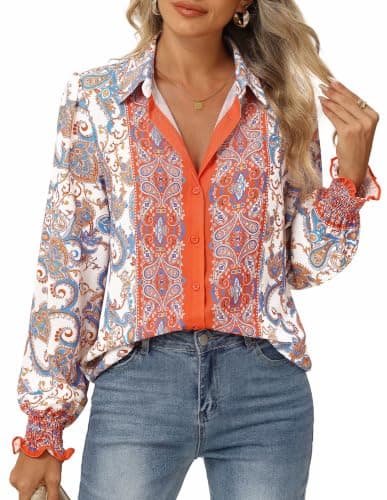 GRACE KARIN Women's Boho Floral Button Down Shirts, 2026 Fall Long Sleeve Blouses, Dressy Casual Fit Vacation Work Tops Orange S - Image 1
