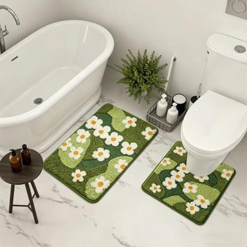 TIQOGRZP Bathroom Rug Set 2 piece Green Flower Bath Mat Set, Cute Bath Mat and U-Shaped Toilet Mat,Ultra Soft Absorbent Non Slip, 32" x 20" Machine Washable Moss Bathroom Mat(Blooming Set, 22" x 20") - Image 1