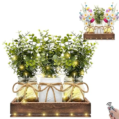 HOMECOR Mason Jar Centerpiece Light Table Decorations - Table Runner Home Decor Coffee Table Decor with Wood Tray and Remote Control Led Light Table Centerpieces for Home Kitchen Dining Living Room - Image 1