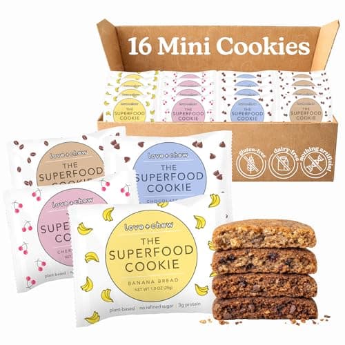 Love + Chew Mini Vegan Cookies, Gluten Free, 3-4g Plant Based Protein Per Cookie, Healthy Snacks for Adults and Kids, Individually Wrapped Cookies, Variety Pack, 16 Pack - Image 1