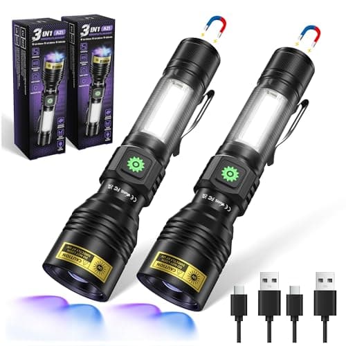 UV Flashlight 365nm & 395nm Dual Black Light, Powerful USB Rechargeable Ultraviolet LED Blacklight Woods Lamp, Focusable Portable Detector for Pet Urine Stains, Uranium Glass, Resin Curing(2 Pack - Image 1