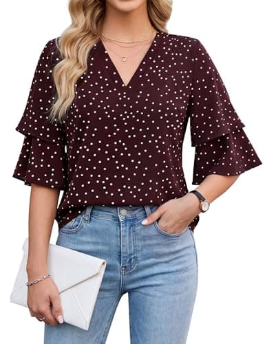 Blooming Jelly Womens Dressy Casual Blouse 3/4 Length Flutter Sleeve Polka Dot Tops Ladies V Neck Business Trendy Summer 2026 Work Shirt (Large, Burgundy) - Image 1