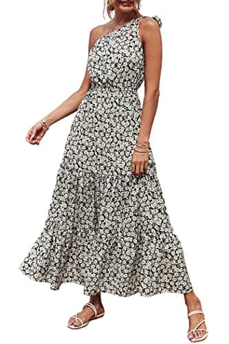 PRETTYGARDEN Women's Summer Floral Maxi Dress Knot One Shoulder Sleeveless Ruffle Flowy Boho Beach Wedding Guest Dresses(Black White,Small) - Image 1