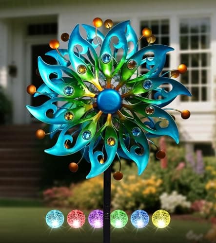 VUFOZ Solar Wind Spinners Outdoor – H63xW13 Metal Kinetic Garden Spinner with Crackle Glass Ball & Built-in Solar Panel – Peacock-Style Yard Wind Sculpture with LED Light - Image 1