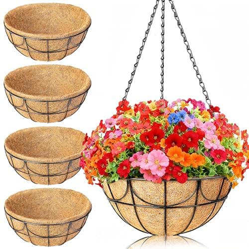 13.5 Inch 4 Pack Hanging Baskets Planters for Outdoor Plants - Wire Hanging Baskets Plant for Plants Outdoor with Coco Liners Minimalist Metal Hanging Pots for Outside Garden Patio Porch Decor - Image 1