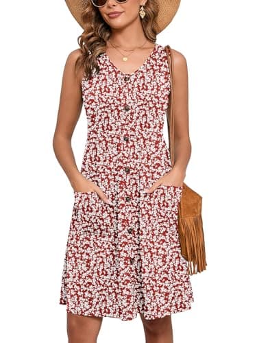 Heymoments Women Summer Dress Maple Leaf Medium Sleeveless V Neck Casual Cute Loose Sundress Comfy Swing Button Down Midi Work Flowy Tunic Ladies Beach Vacation Teacher Dresses with Pockets - Image 1