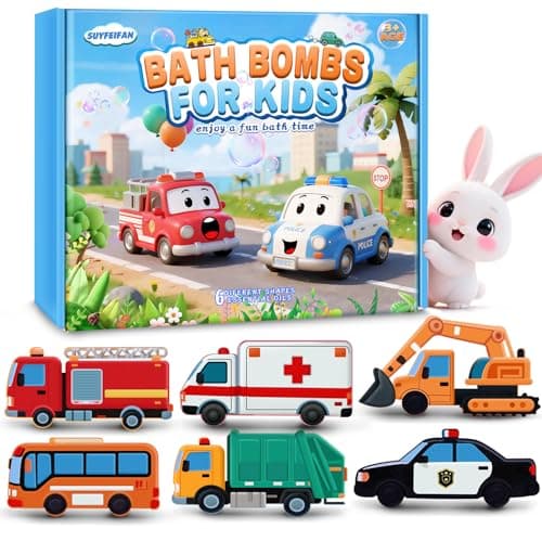 SUYFEIFAN Bath Bombs for Kids, Perfect Mothers Day Gifts for Kids Girls, Handcrafted Car 6 Pack Natural Organic Bubble Bath Bomb Toys, Shaped Like Excavators, Police Car, School Buses, Fire Trucks - Image 1