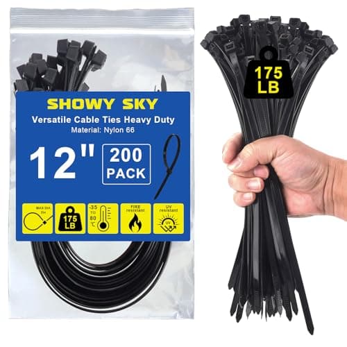 Black Zip Ties 12 Inch, 200-Pack 175 Lbs Wide Cable Ties Heavy Duty, Extra Strong Tie Wraps for Indoor or Outdoor, Industrial, Home and Automotive Use - Image 1