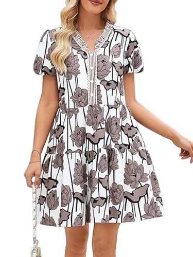 CCTOO Womens Casual Summer Dresses V Neck Button Floral Puff Short Sleeve Flowy Holiday Mini Dresss Brown Flower XL - Image 1