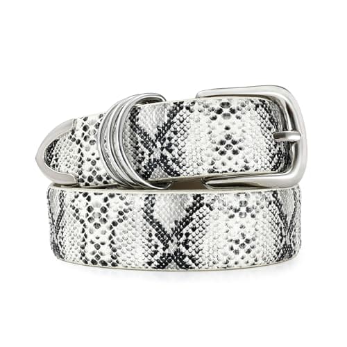 RISANTRY Women's Snakeskin Belt with Silver Buckle Elegant White Leather Ladies Waist Belt for Dress & Casual Wear - Image 1