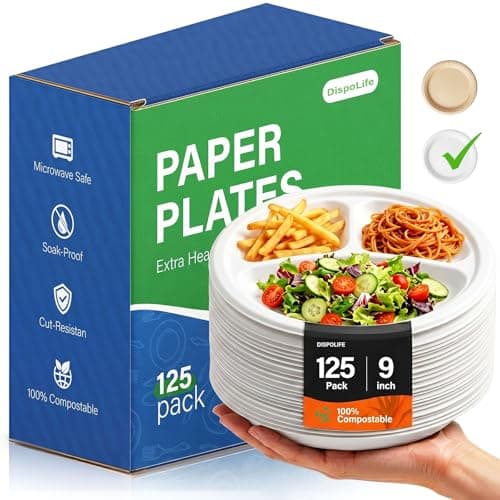 Compostable Paper Plates: 9 Inch 125 Pack 3 Compartment Heavy Duty Disposable Paper Plate - Unbleached Biodegradable Sugarcane Fibers Plates for Daily Party Weddings Outdoor Birthday Parties - White