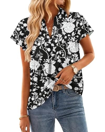 AUSELILY Blouses for Women Dressy Casual V Neck Womens Summer Tops Short Sleeve Blouses 2026 New Black Floral 2XL - Image 1
