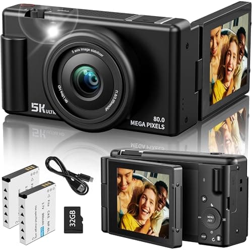True 5K Digital Camera for Photography, Autofocus 80MP with 18X Digital Zoom 3" 270°Flip Screen Dual-Lens Selfie Camera for YouTube Vlogging & Content Creation, 2 Batteries, 32GB Card & Flash,Black