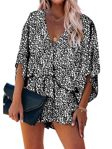 PRETTYGARDEN Women's Floral Print Shorts Jumpsuit Wrap V Neck 3/4 Sleeve Casual Loose Oversized Romper With Pockets (Black, X-Large) - Image 1
