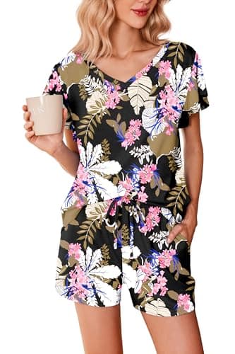 Ekouaer Ladies Pajama Sets Flowers Printed Soft Loungewear Cute Ruffle Sleeve Comfy Sleepwear with Pockets Navy Florals Medium - Image 1