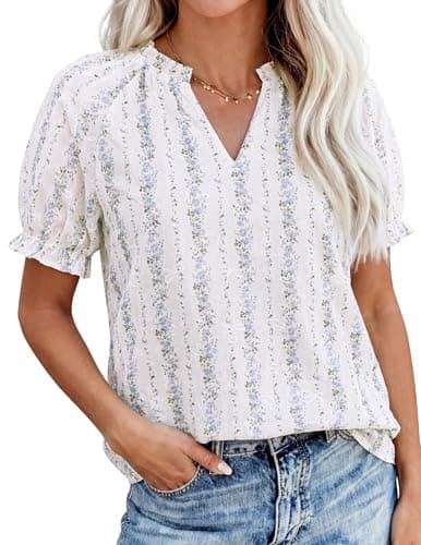 PRETTYGARDEN Summer Short Sleeve V Neck Shirts for Women 2026 Trendy Floral Print Loose Ruffle Tops Business Casual Blouses (Striped and Flower,Small) - Image 1