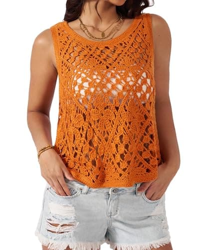 AceNest Floral Crochet Tops for Women Trendy Summer Boho Tops Sleeveless Tank Tops Loose Fit Crop Vacation Outfits 2026 Orange XL - Image 1