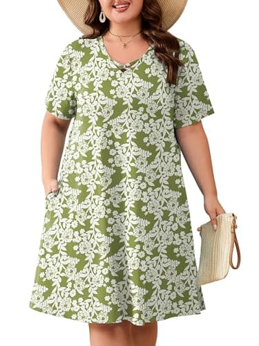 AusLook Plus Size Midi Dress for Women Green Roses 4X Short Sleeve V Neck Criss Cross A Line Summer Casual Vacation Dress T-Shirt 2026 Sundresses with Pockets - Image 1