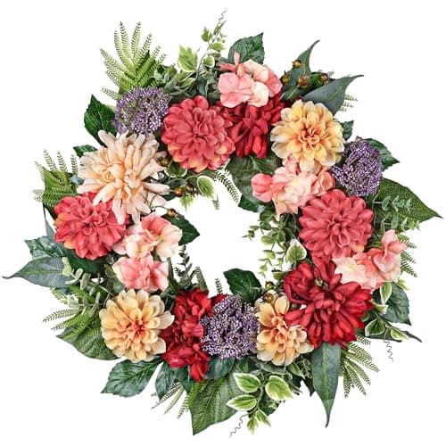 24-Inch Spring Wreath for Front Door with Hydrangeas Dahlias Daisy Silk Flowers and Berry Greenery for All Seasons Indoor Outdoor Wedding Farmhouse Porch Wall Living Room Home Wedding Decor - Image 1