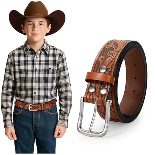 UpFind Boys Western Leather Belt Engraved Kids Cowboy Belt with Pin Buckle for Jeans Pant School Uniform Dress Up, 1.5" Wide - Image 1