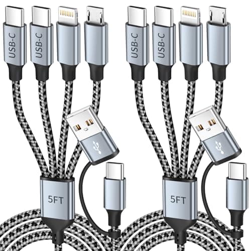 Travel Essentials,Dual Type-C 4 in 2 Multi Charging Cable for Multiple Devices,USB C/A Charger Cables Universal Phone Charger Cord with IP/Micro/2 USB-C Port for iPhone16/15, Android Tablet,2Pack 5FT - Image 1