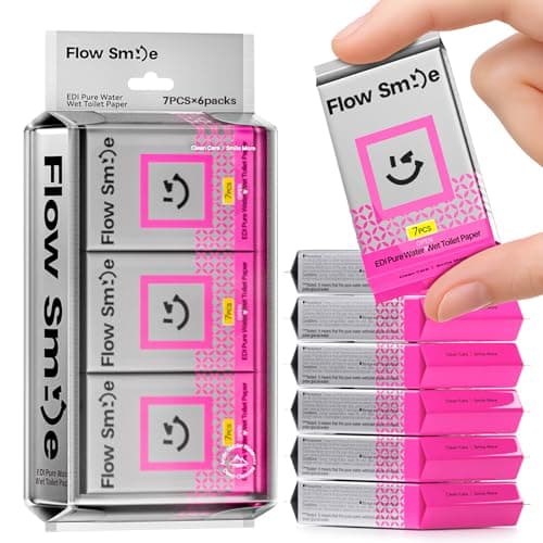 FLOW SMILE Flushable Wipes Travel Mini Size - 99.5% Water, Unscented Gentle for Sensitive Skin - Travel Essentials for Adults, Kids, Baby Care, Family, 42 Counts (6 Packs of 7) - Image 1