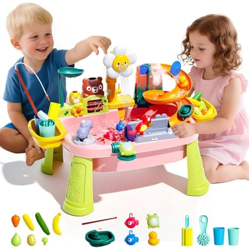 2026 Upgraded 4-in-1 Sand Water Table for Toddlers 1-3, Water Table for Kids Ages 4-8 with Pump, Play Sink with Running Water, Kitchen Sink for Toddlers, Fishing Game and Outside Sensory Toys (Pink) - Image 1