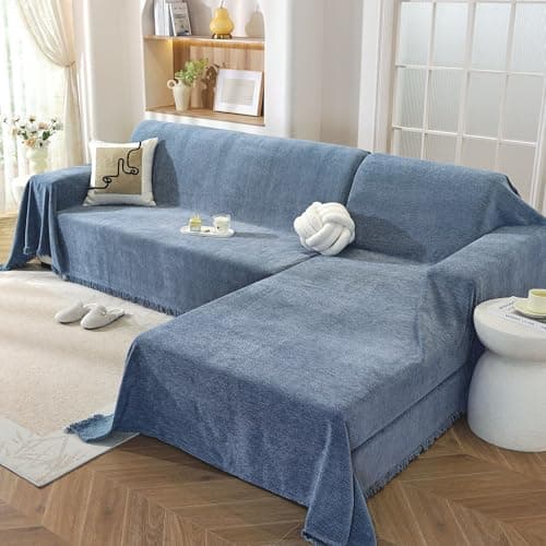 OstepDecor Sectional Couch Covers 2 Pieces, L Shaped Couch Cover Blanket, Sectional Sofa Cover Washable, Chaise Lounge Sofa Slipcovers Pet Furniture Protector for Dogs (71"x118"+71"x118", Blue)