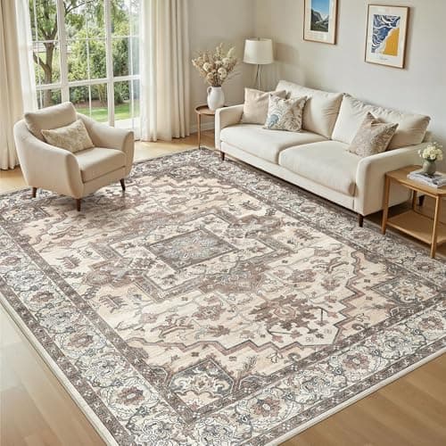 Jessibou 5x7 Area Rugs Living Room: Washable Vintage Rug Large Non-Slip Stain Resistant Ultra Soft Low Pile Pet Kids Friendly Carpets for Bedroom Dining Room Nursery Home Office Decor - Light Brown - Image 1
