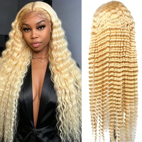 HC 34 Inch 613 Lace Front Wig Human Hair 13x6 Blonde Wig Deep Wave HD Transparent Lace Front Wigs Human Hair 200% Density Pre Plucked Lace Frontal Wig for Women Natural And Confident Style - Image 1