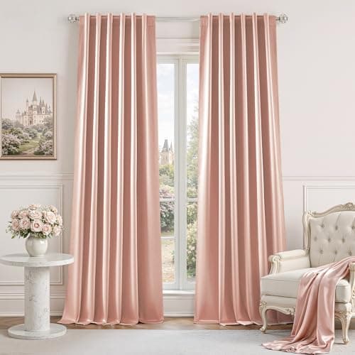 HOMEIDEAS 100% Blackout Faux Silk Curtains,Blush Pink Thermal Insulated Room Darkening Window Drapes,Luxury Vintage Curtains for Bedroom Living Dining Room, 52 X 84 Inch, 2 Panels