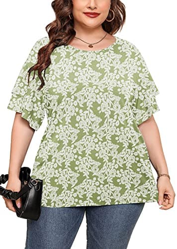 AusLook Plus Size Casual Tops For Women Green Roses 3X Tunic Double Ruffle Short Sleeve Blouses Crewneck Clothing Tee Ladies Clothes Flowy Dressy Casual Loose Fit Outfits Maternity Summer Clothes - Image 1
