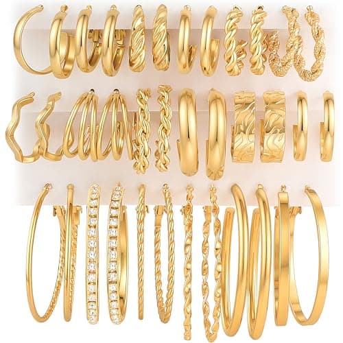 18 Pairs Gold Hoop Earrings Set for Women, Hypoallergenic Twisted CZ Statement Hoop Earrings Pack, Trendy Jewelry Set for Women Gifts - Image 1