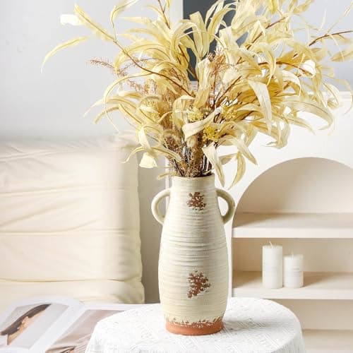 Ceramic Flower Vase with Handles, 12.3 Inch Tall Vase for Centerpieces, Large Decorative Terracotta Vases, Farmhouse Rustic Vases for Home Decor, Living Room, Table, Neutral - Image 1