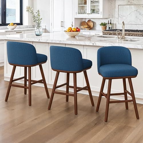 LUE BONA Counter Height Bar Stools Set of 3, Upholstered Barstools with Wooden Legs and Backs, 19.7" W & 27.6" H Counter Stools for Kitchen Counter, Fabric in Navy Blue - Image 1